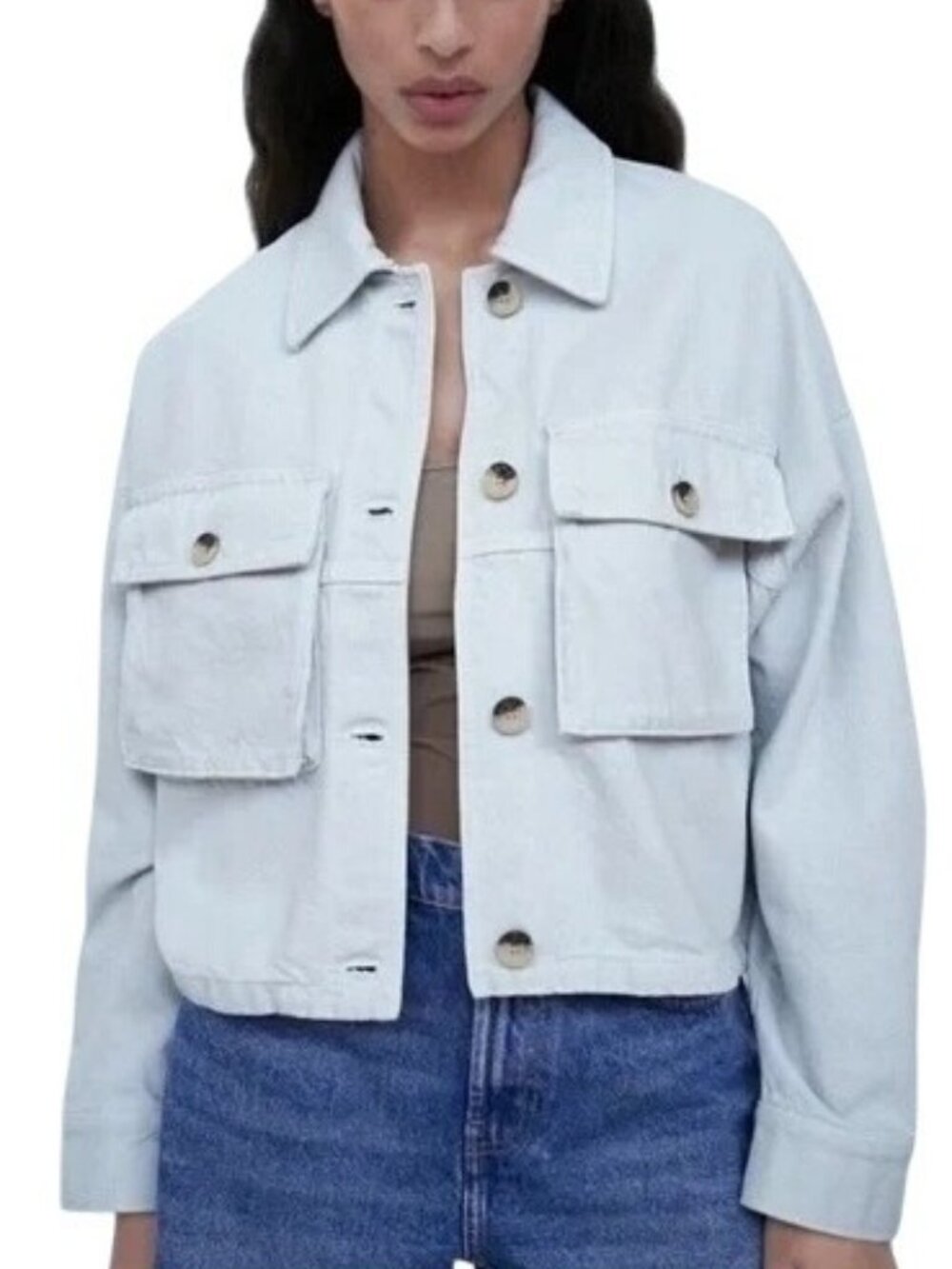 ZARA TRF Pale Blue Oversized 100% Cotton Pocket Jacket - Small